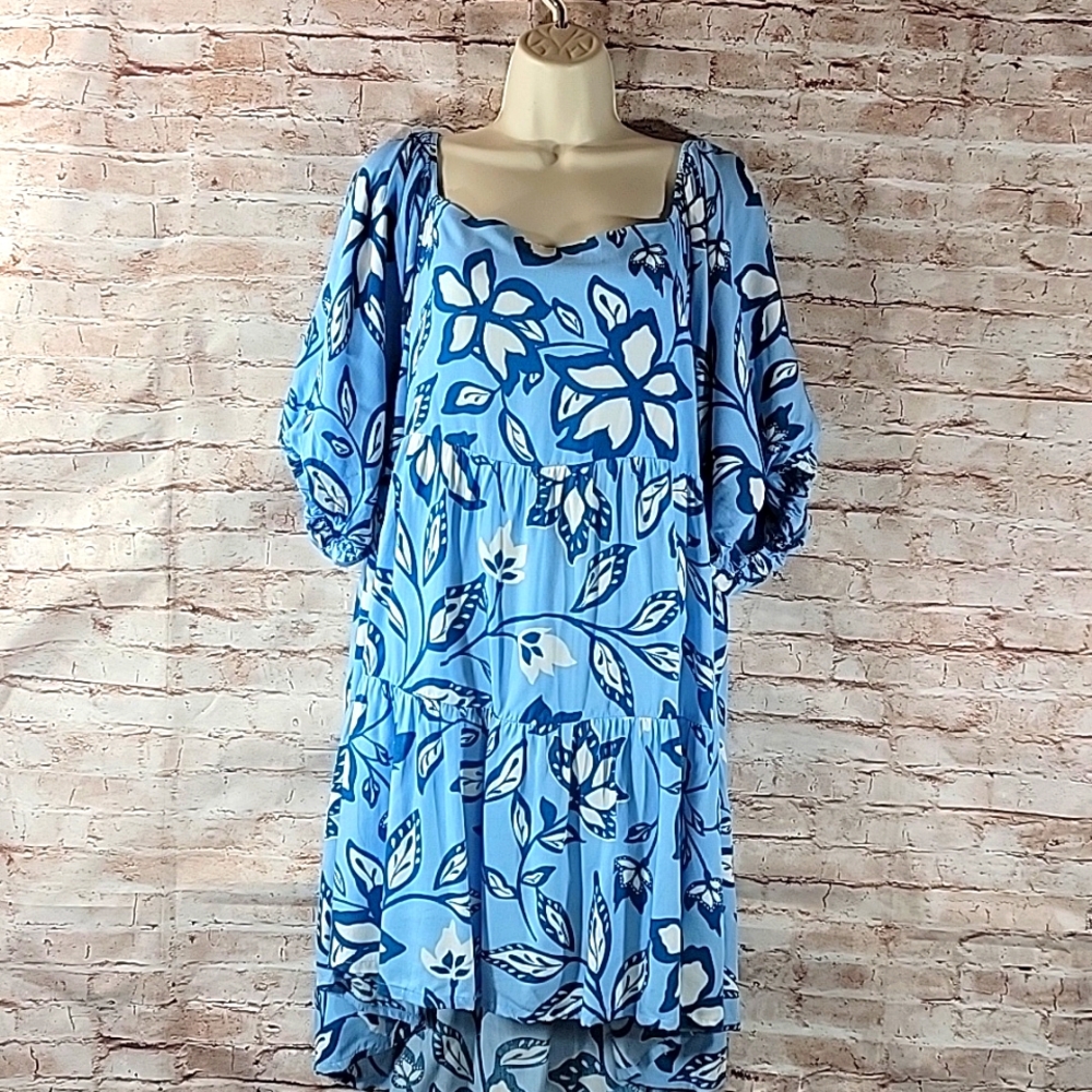 Easel Plus Blue Flowers Printed Tiered Ruffle Bottom Midi Dress
